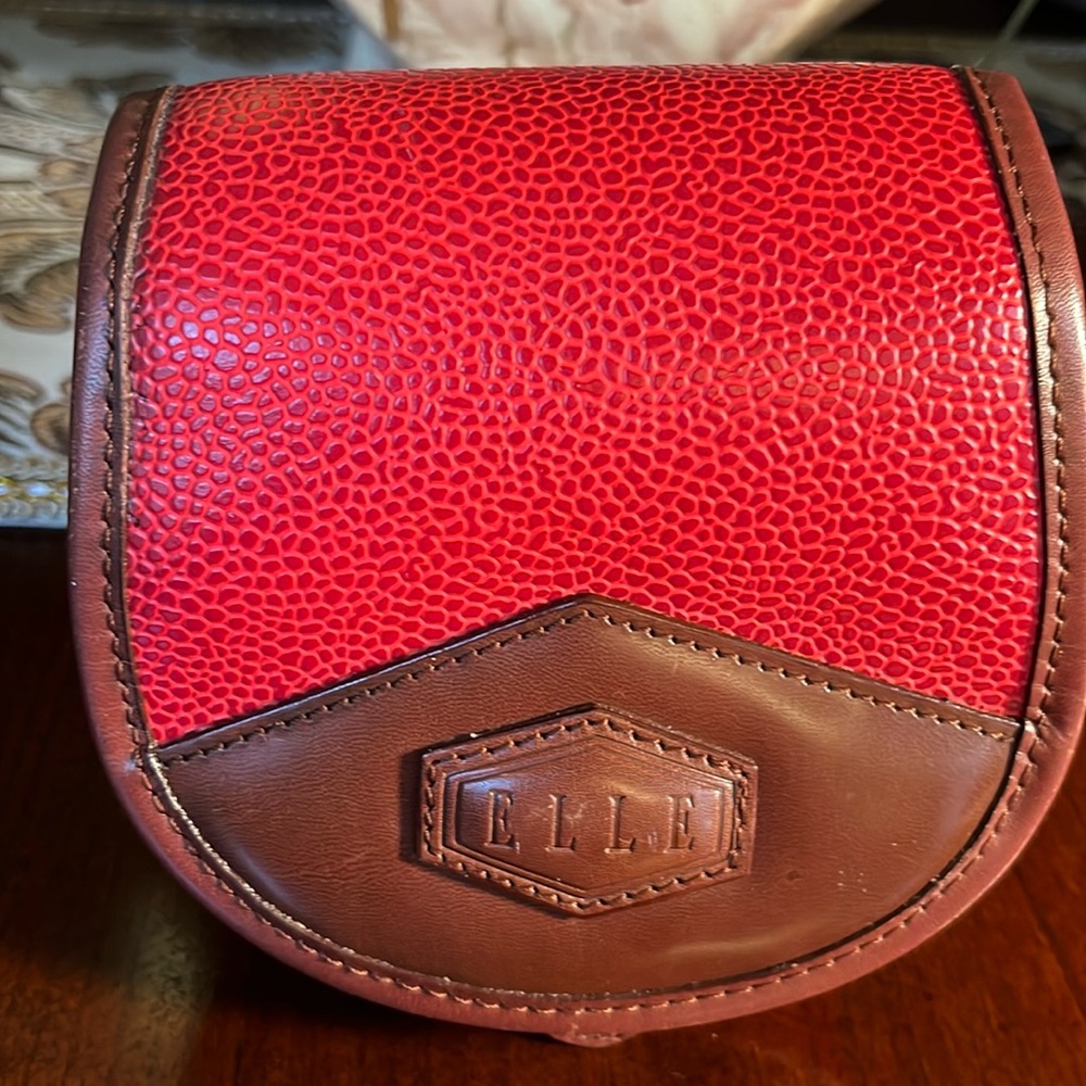 ELLE Red Genuine Pebble Leather Small Crossbody Handbag.